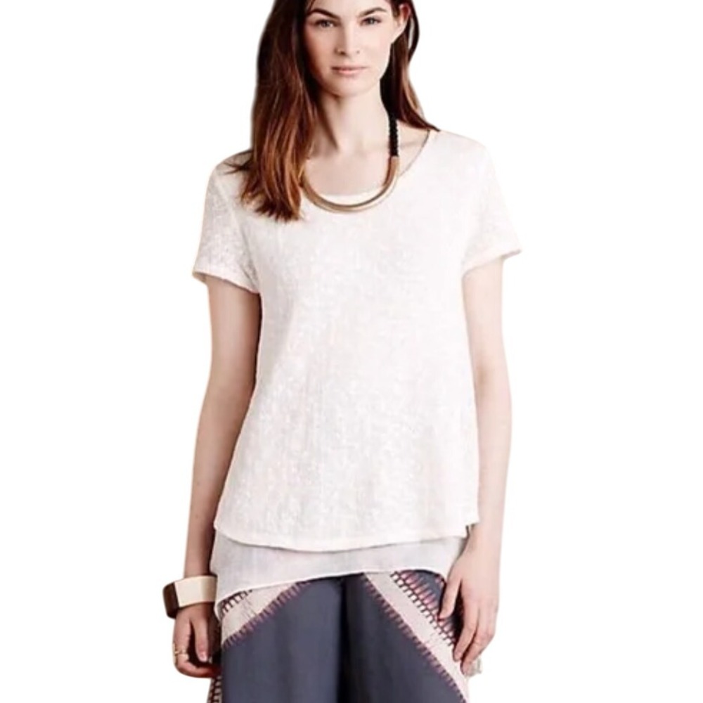 Meadow Rue Anthropologie White Layered Knit Tunic Top XS Short Sleeve Flowy